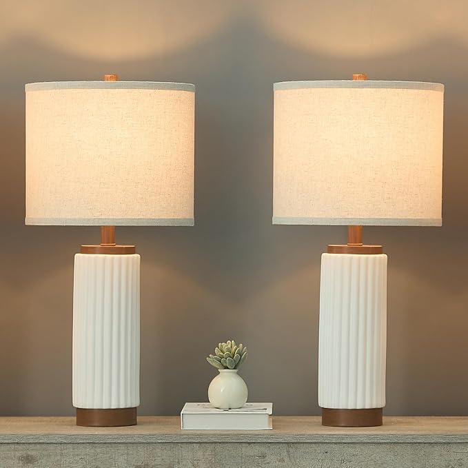 White Ceramic Table Lamp 3 Way Dimmable Nightstand Pottery Lamp Set of 2 with Oatmeal Shade 25" Modern Bedside Desk Lamp with USB A+C for Living Room Bedroom Farmhouse Dining Room Enterway