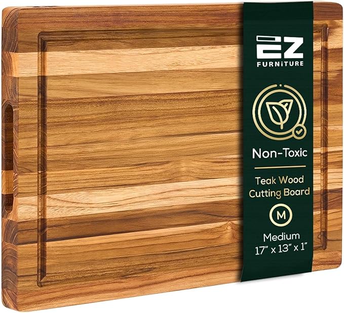 Non-Toxic Teak Wood Cutting Board & Serving Board, Pre-Oiled Edge Grain with Juice Groove and Handles, For Chopping, Food Grade Mineral Oil Coating (M 17" x 13" x 1", 5.07 lbs)
