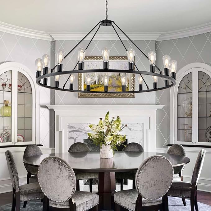 48” 20-Light Extra Large Wagon Wheel Chandelier, Round Black Rustic Farmhouse Chandelier Light Fixture for High Ceiling Living Room Dining Room Stairs Foyer- Adjustable Height Metal E26