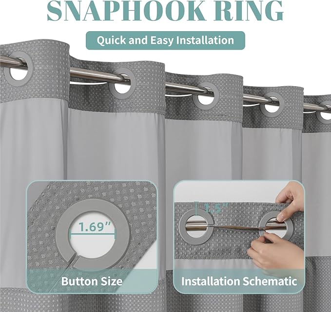 Grey Extra Long No Hook Waffle Weave Shower Curtain with snap-in Liner Replacement, 230GSM Waterproof Fabric Hotel Shower Curtain Set for Bathroom, Through Mesh Top Window,71Wx86H