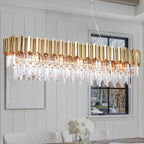L51.2 Gold Rectangle Crystal Chandelier for Dining Room Modern Luxury Linear Light Fixture for Kitchen Island Contemporary Pendant Ceiling Light Oval Raindrop Chandelier Lighting 19-Light