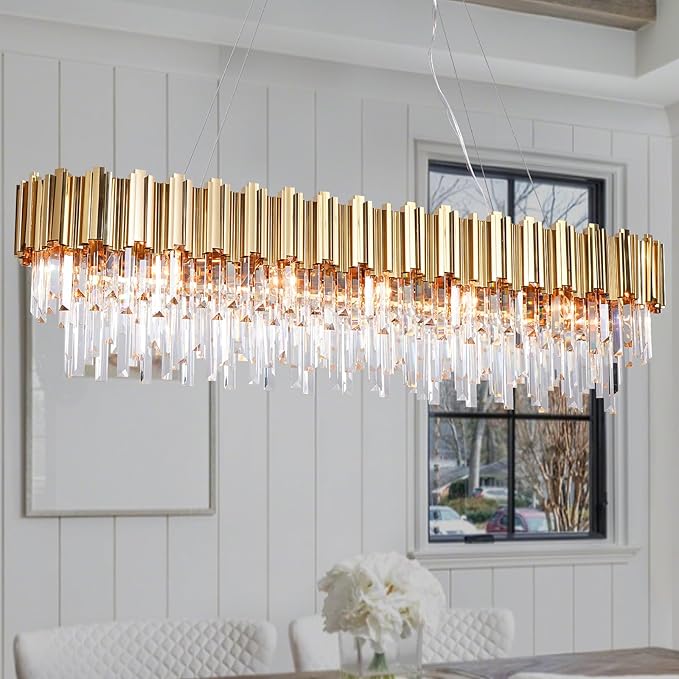 L51.2 Gold Rectangle Crystal Chandelier for Dining Room Modern Luxury Linear Light Fixture for Kitchen Island Contemporary Pendant Ceiling Light Oval Raindrop Chandelier Lighting 19-Light
