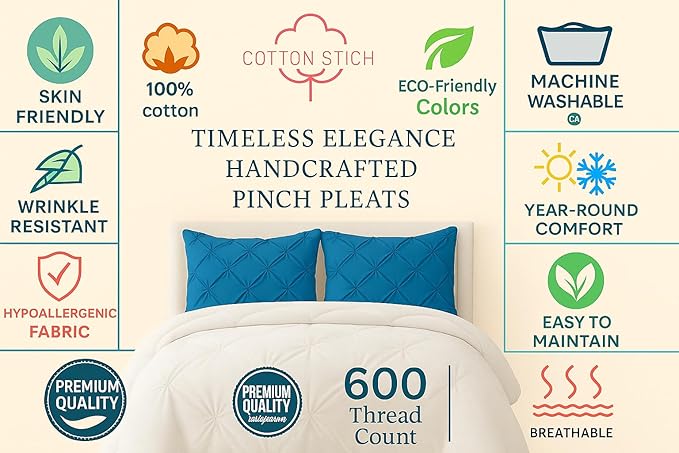 COTTON STICH King Pillow Shams Set of 2, Zipper Closure, New Blue Pinch Pleated Pillow Shams 20x36 Pillow Covers Hotel Quality 100% Egyptian Cotton 600 Thread Count Gorgeous Decorative