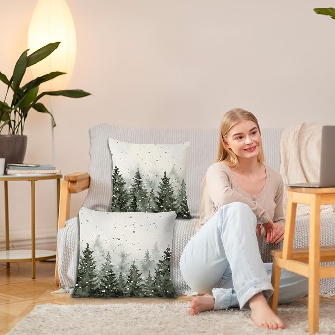 JINYO Rustic Christmas Tree Winter Pillow Covers 18x18, Farmhouse Christmas Decor, Rustic Xmas Winter Forest Nature Snowflake Throw Pillow Covers for Home Living Room Bedroom Set of 2