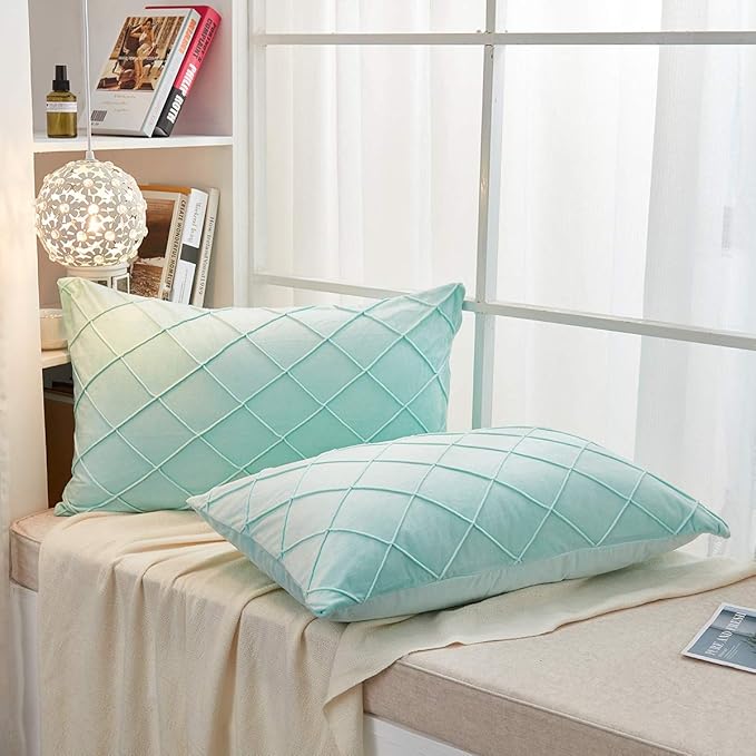 JAUXIO Diamond Pinch Pleated Crystal Velvet Pillowcases 2 Pack Solid Pintuck Throw Cushion Cover for Home Decor Hidden Zipper Closure (Mint Aqua, King)
