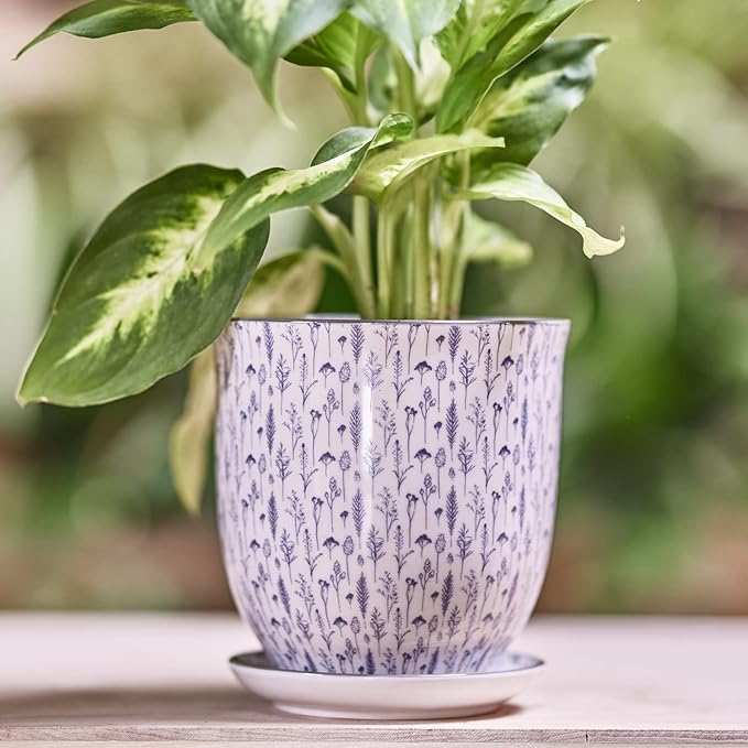 CHIVE ‘Liberte’ Ceramic Succulent Pots — 4.25” Cute Vintage Farmhouse Style Planters for Indoor Plants — Beautiful Home & Kitchen Decor — Blue Feathers