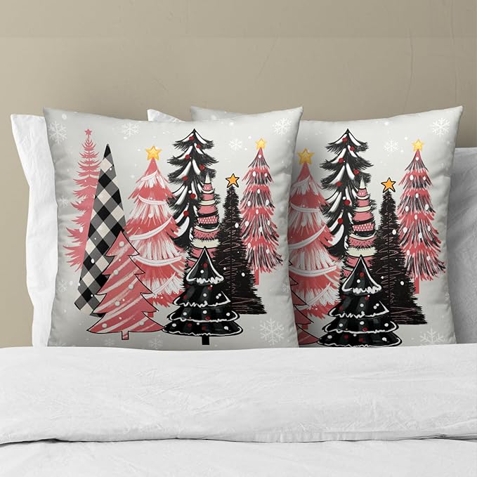 Christmas Tree Pillow Covers 18x18, Set of 2 Xmas Pine Trees Pink Black Plaid Snowflakes Winter Decorative Pillowcases Square Cushion Cover for Sofa Couch Bed Home Car