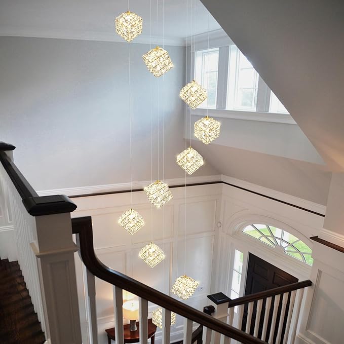 10-Lights LED Staircase Chandelier Modern Foyer Crystal Chandeliers Large Gold Chandelier for High Ceilings,Crystal Pendant Light for Living Room Stairwell Dining Room Entryway