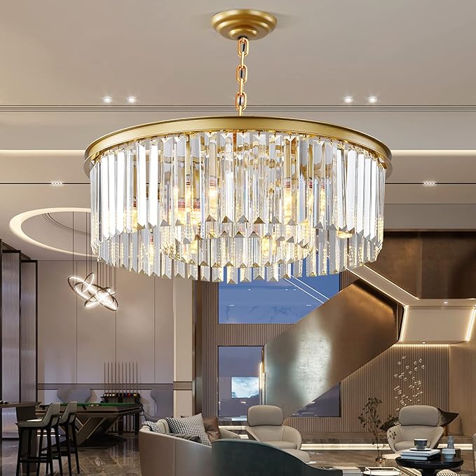 Gold Modern Crystal Chandelier, 2-Tier Round Flush Mount Ceiling Light Fixtures Height Adjustable Pendant Lighting for Dining Room Living Room Bedroom Kitchen Hotel Foyer