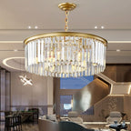 Gold Modern Crystal Chandelier, 2-Tier Round Flush Mount Ceiling Light Fixtures Height Adjustable Pendant Lighting for Dining Room Living Room Bedroom Kitchen Hotel Foyer