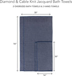 Texere 100% Organic Cotton Jacquard 650 GSM Premium Bath Towel Sets - Extra Absorbent Quick Dry and Plush (Cable, Estate Blue, 2 Bath & 2 Hand Towels)
