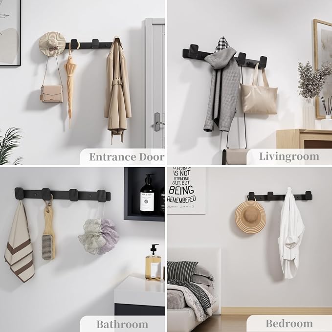 Coat Rack Wall Mount Coat Hooks - Black Hook Rack with 4 Hooks Aluminum Wall Rack Hooks for Hanging Coat Hat Bag Towel Hanger Rustproof Coat Holder