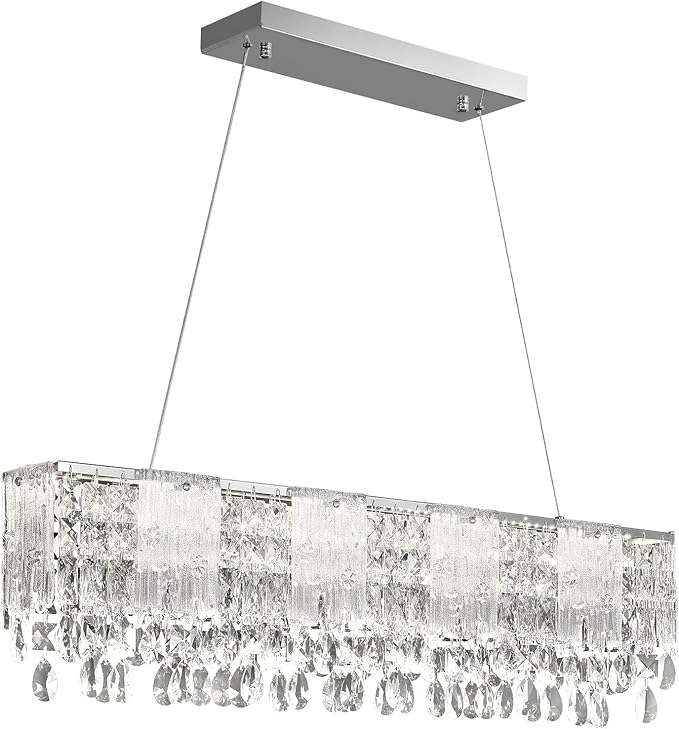 Crystal Linear Chandelier,Modern Rectangular Pendant Light, Glass Chandeliers Elegant Long Bar Hanging Light Fixture for Dining Room, Kitchen Island, Living Room