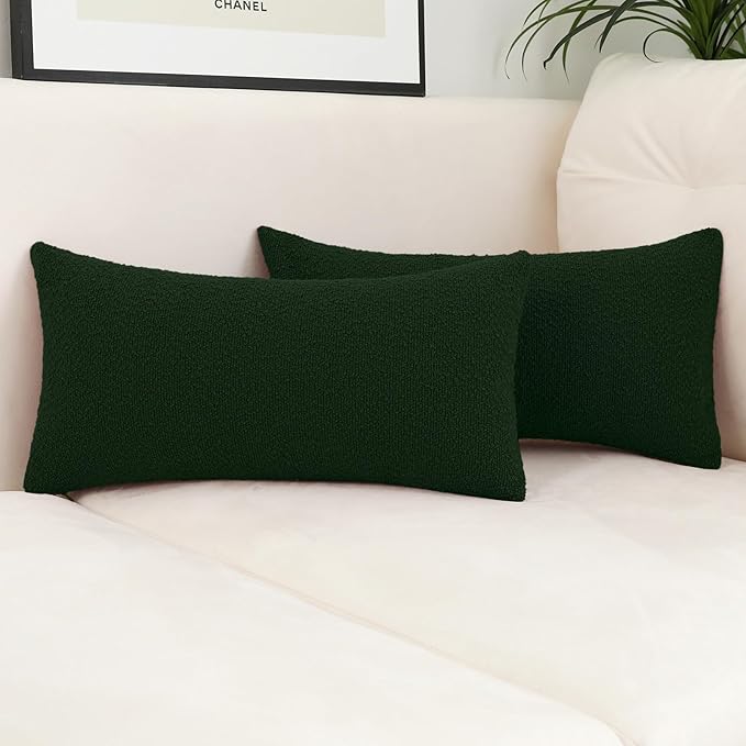Jeneoo Hunter Green Decorative Lumbar Thick Throw Pillow Covers Fine Textured Boucle Couch Cushion Cases for Sofa Decor, Set of 2, 12 x 20 Inch