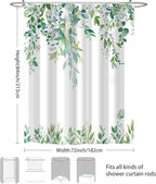 Eucalyptus Shower Curtain, Light Green Watercolor Leaves with Floral Botanical Bathroom Decor, Waterproof Fabric Bath Curtain Set with Hooks, 72x84 Inches