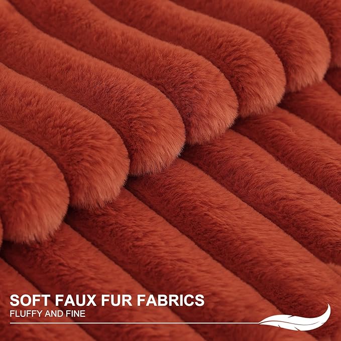 Pallene Faux Fur Plush Fall Throw Pillow Covers 22x22 Set of 2, Luxury Soft Fluffy Striped Decorative Pillow Covers for Sofa, Couch, Living Room, Rust
