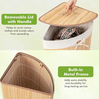 Giantex Corner Laundry Hamper with Lid, 58 L Bamboo Laundry Basket with Removable Liner & Handle, Triangle Clothes Hamper for Small Spaces, Bedroom, Bathroom, Laundry & Living Room (Natural)