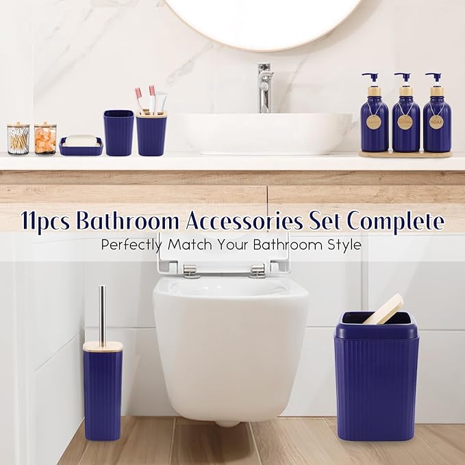 Navy Blue Bathroom Accessories Set 17PCS Bathroom Set with Trash Can 3PCS Lotion Soap Dispenser, Toothbrush Holder,6PCS Wood Tags Bath Accessories with Tray for Kitchen Bathroom