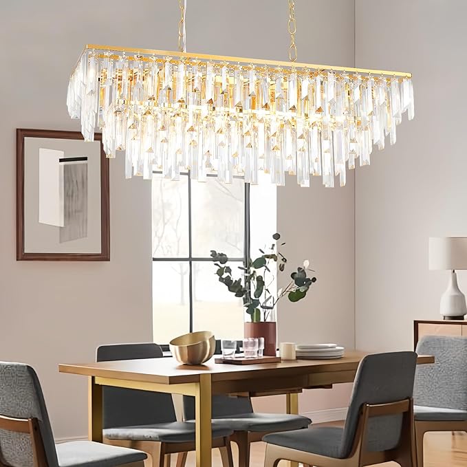 Rectangle Dining Room Chandelier, 32" Gold Modern Rectangle Luxury Crystal Chandelier 10 Lights Top K9 Linear Ceiling Pendant Light Fixture for Dining Room Kitchen Table Living Room