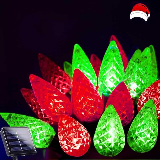 C6 Solar Christmas Lights Outdoor, 100 LED 33FT Christmas Decorations Outdoor Waterproof, Solar String Lights for Outside with 8 Modes, Fairy Twinkle Light for Tree Garden Yard Decor (Red and Green)