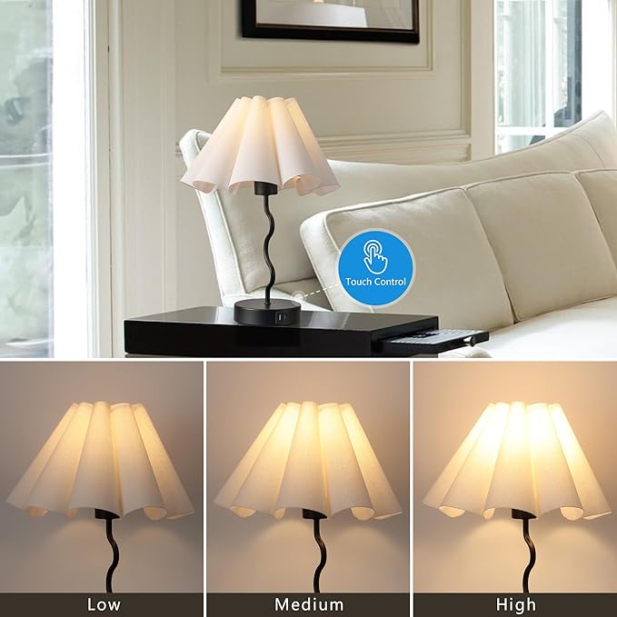 Pleated Table Lamp, Set of 2 Table Lamps for Bedroom, Bedside Lamps for Nightstand with Linen Lampshade, Modern Lamp for Bedroom Home Office Decor, Black