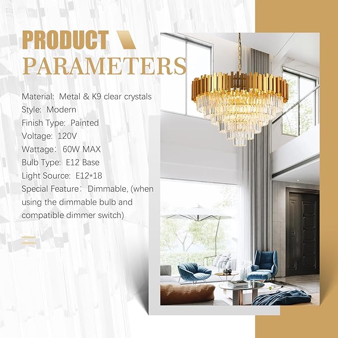 18-Lights 6 Tiers Gold Crystal Chandeliers Luxury 31.5" Modern Crystal Pendant Chandelier Round Hanging Lighting for Living Room Foyer High Ceiling Bedroom Restaurant