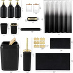 32PCS Black Bathroom Accessories Bathroom Set,Black Shower Curtain, Bath Towel Set,Hand Towel,Toilet Brush,Trash Can & 3PCS Soap Dispensera
