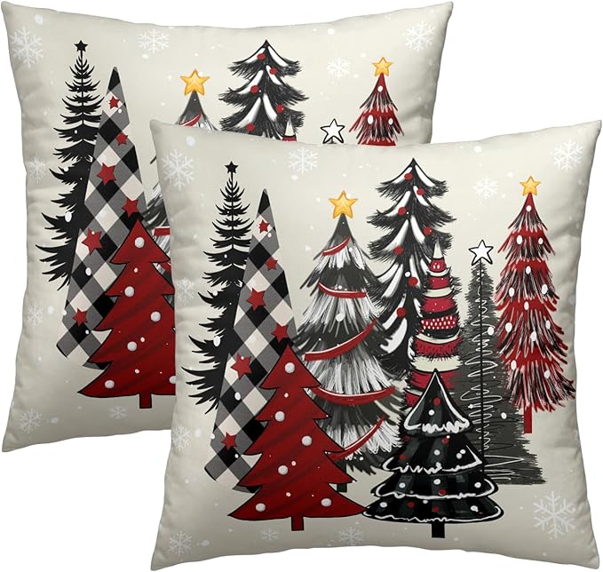 Christmas Trees Throw Pillow Covers 20x20 Set of 2,Red Black Buffalo Plaid Xmas Tree Decorative Pillow Cases Cushion Cover for Farmhouse Bed Couch Living Room Outdoor Car