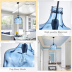 16" Extra Large Farmhouse Pendant Light – Hand-Blown Blue Hammered Glass Shade, Black Finish, Adjustable Chain Hanging Light Fixture for Kitchen Island, Dining Room, Hallway