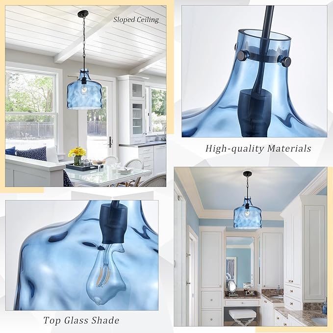 16" Extra Large Farmhouse Pendant Light – Hand-Blown Blue Hammered Glass Shade, Black Finish, Adjustable Chain Hanging Light Fixture for Kitchen Island, Dining Room, Hallway