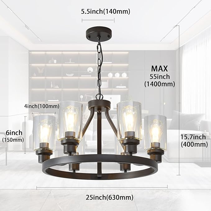 Farmhouse Chandelier Lighting Round 6 Lights Oil Rubbed Bronze with Glass Shade Ceiling Hanging Vintage Rustic Light Fixture for Dining Room Living Room Foyer Porch Kitchen Island