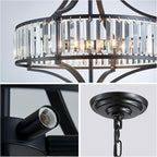 XINGQI Black Crystal Chandeliers for Dining Room, 21.6" Large Rustic Farmhouse Chandelier with Round Metal Shade, 6-Light Dining Room Light Fixture for Kitchen Island Hallway Bedroom