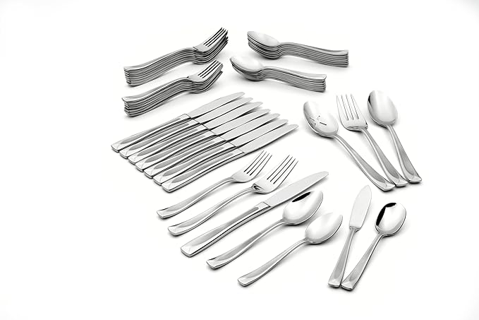 Oneida Satin Lincoln 45 Piece Everyday Flatware Set, Service for 8, 18/0 Stainless Steel, Silverware Set, Dishwasher Safe
