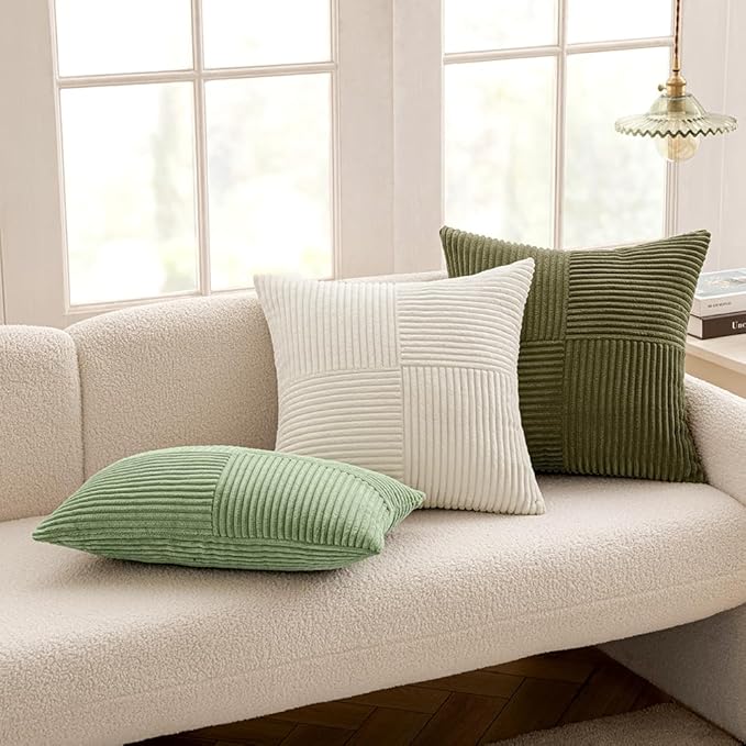 MIULEE Sage Green Corduroy Pillow Covers Pack of 2 Boho Decorative Spliced Throw Pillow Covers Soft Solid Couch Pillowcases Cross Patchwork Textured Cushion Covers for Living Room Bed Sofa 12x20 inch