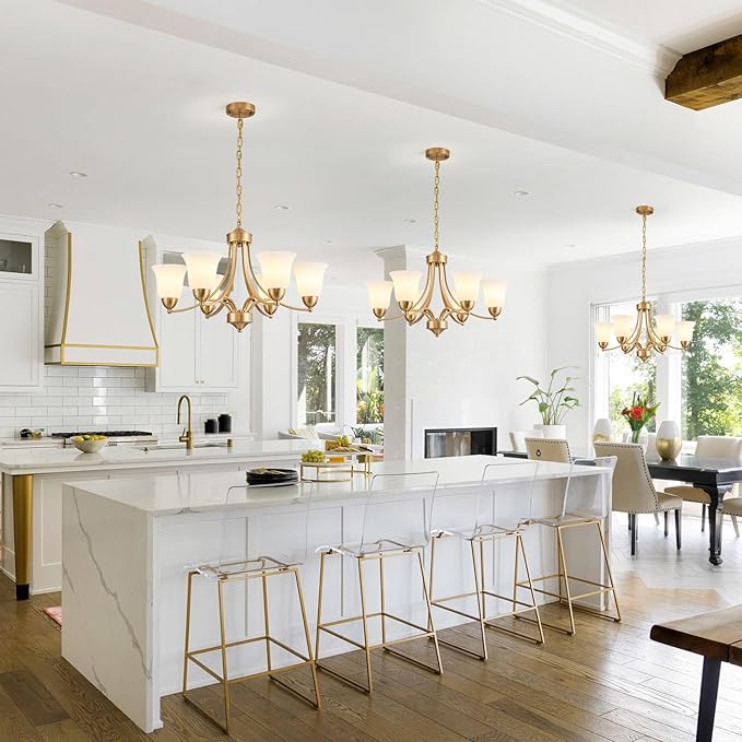 6-Light Gold Chandeliers for Dining Room with Frosted Glass Modern 47.2'' Ceiling Hanging Light Fixtures Classic Farmhouse Pendant Lighting for Kitchen Island, Dining Table, Adjustable Height