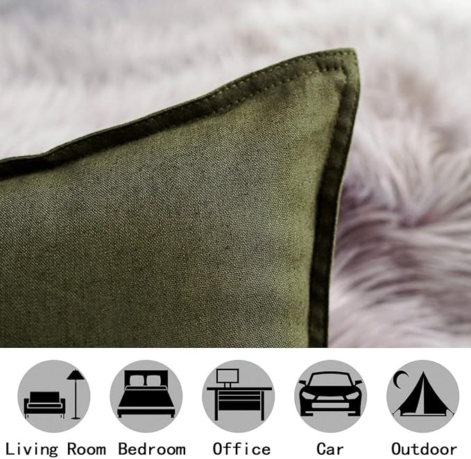 Jeanerlor Cotton Linen Square Decorative Throw Pillow Case Cushion Cover with Twin Needles Stitch on Edge, 12"x20"(30 x 50cm), 2 Pcs, Olive Green