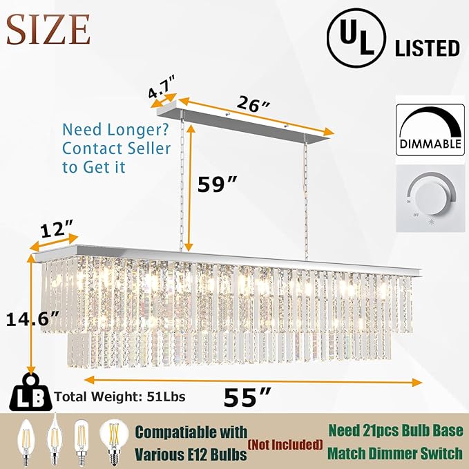 Modern Dining Room Chandelier Luxury Rectangular Chrome Crystal Chandelier Over Table, Linear Lighting Fixture for Living Room, Bedroom, Kitchen Island, Pool Table(L55 Inch)