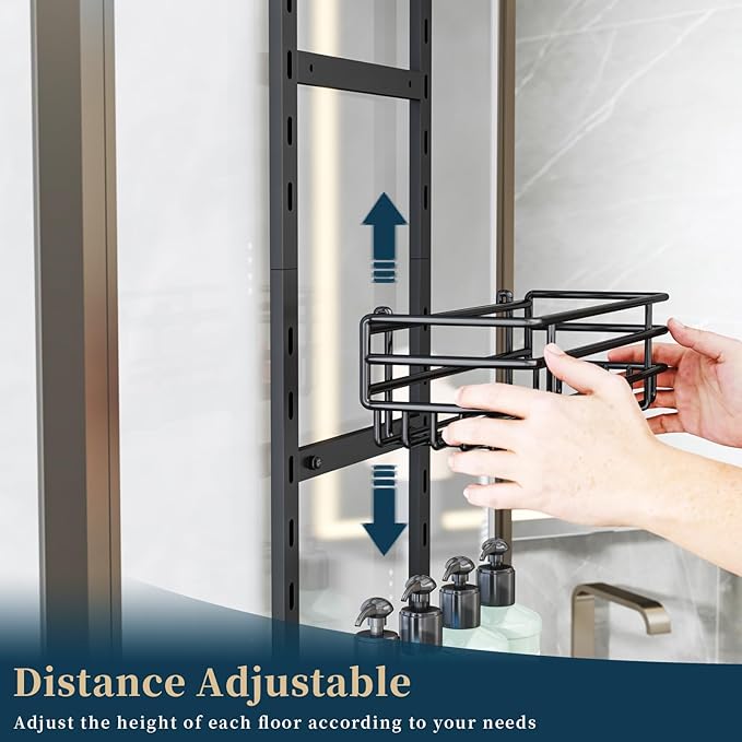Consumest Over The Door Shower Caddy - 5 Tier Adjustable Shower Organizer Hanging with 2 Toothbrush Holders & 4 Hooks, Rustproof Oragnizer Shelf, Storage Rack for Bathroom, Black