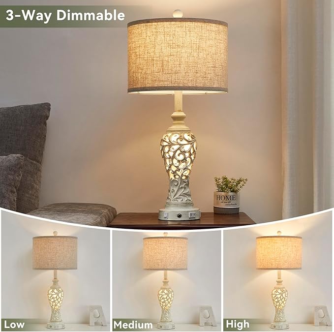 26" Farmhouse Table Lamp - 2 USB A+C 3-Way Dimmable Touch Lamps with Nightlight for Living Room Bedroom Lamp Bedside Nightstand Lamps (Bulb Included)