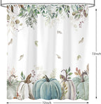 Fall Shower Curtain, Autumn Blue Green Pumpkin Leaves Harvest Thanksgiving Shower Curtains Decor Set, Polyester Fabric Bathroom Accessories Set with Hooks 72X72IN