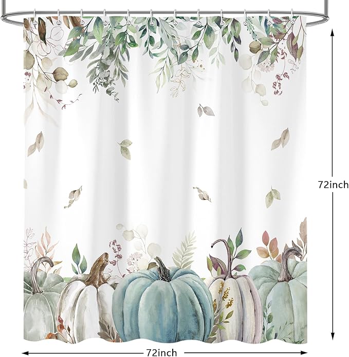 Fall Shower Curtain, Autumn Blue Green Pumpkin Leaves Harvest Thanksgiving Shower Curtains Decor Set, Polyester Fabric Bathroom Accessories Set with Hooks 72X72IN