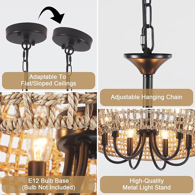 6-Light Rattan Chandelier Light Fixture, 18.11'' Wicker Chandelier Boho Kitchen Light Fixtures, Rattan Pendant Light Rustic Farmhouse Chandeliers for Dining Room Living Room Foyer