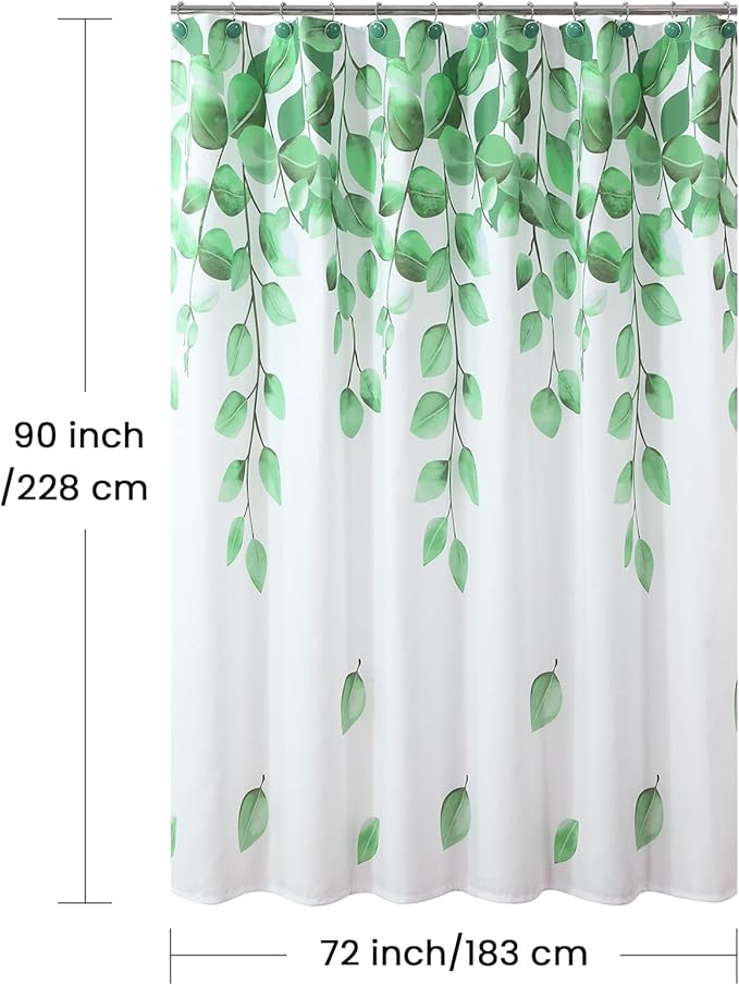 90 Inch Fabric Shower Curtain, Green Watercolor Eucalyptus Leaves Shower Curtain for Bathroom, 72" W x 90" H