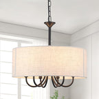 18'' Drum Chandeliers for Dining Room, 6-Light Black Farmhouse Chandelier Linen Drum Light Fixture, Round Chandelier Hanging Pendant Lighting for Bedroom Living Room Foyer