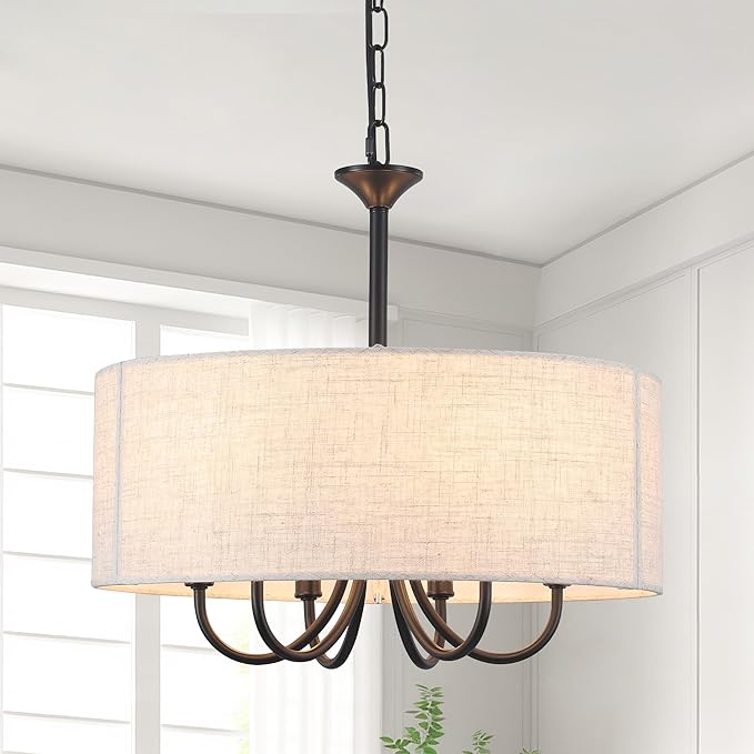 18'' Drum Chandeliers for Dining Room, 6-Light Black Farmhouse Chandelier Linen Drum Light Fixture, Round Chandelier Hanging Pendant Lighting for Bedroom Living Room Foyer