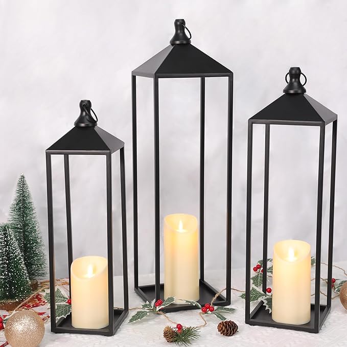 22'' 19'' 17'' Lanterns Decorative Outdoor Indoor, Set of 3 Black Metal Candle Lanterns Halloween Lanterns Modern Farmhouse Floor Lantern Decor for Room, Porch, Mantle, Patio, Garden