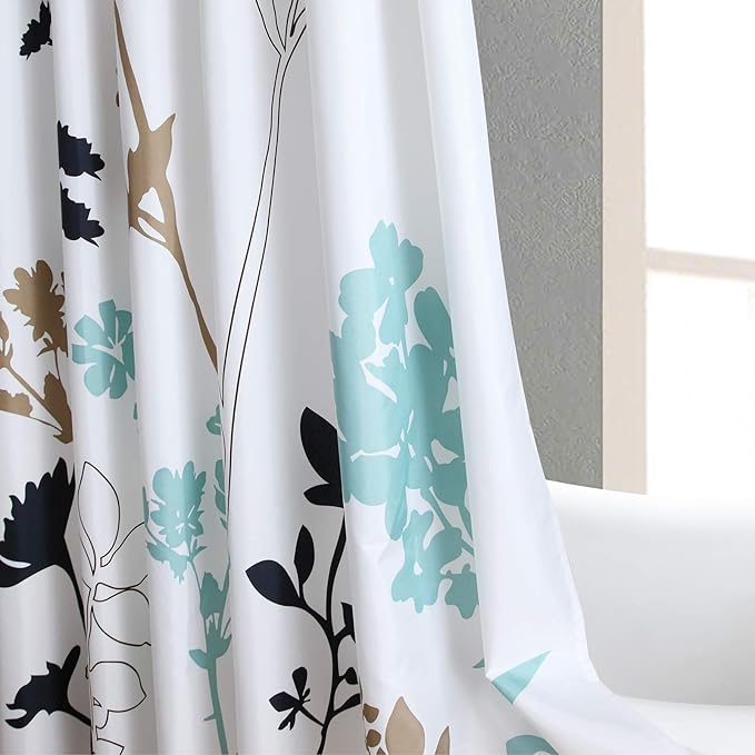 Fabric Floral Shower Curtain, Blue and White Shower Curtain, Teal and Brown Plant Shower Curtains for Bathroom, Modern Decorative Bathroom Curtains - 72" W x 72" H