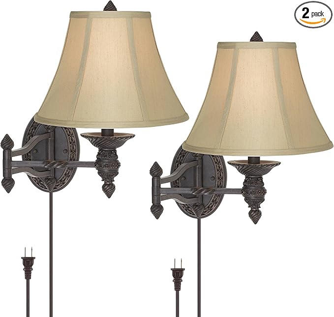 Barnes and Ivy Godia Vintage Rustic Swing Arm Wall Lamps Set of 2 Bronze Brown Metal Plug-in Light Fixture Beige Softback Fabric Bell Shade for Bedroom Bedside Living Room Reading House Home