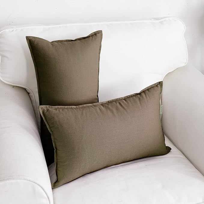 Jeanerlor Natural Cotton Linen Green Decorative 12"x20" Throw Pillow Case Cushion Cover with Twin Needles Stitch on Edge for Lumbar, (30 x 50cm), 2 Pcs, Khaki