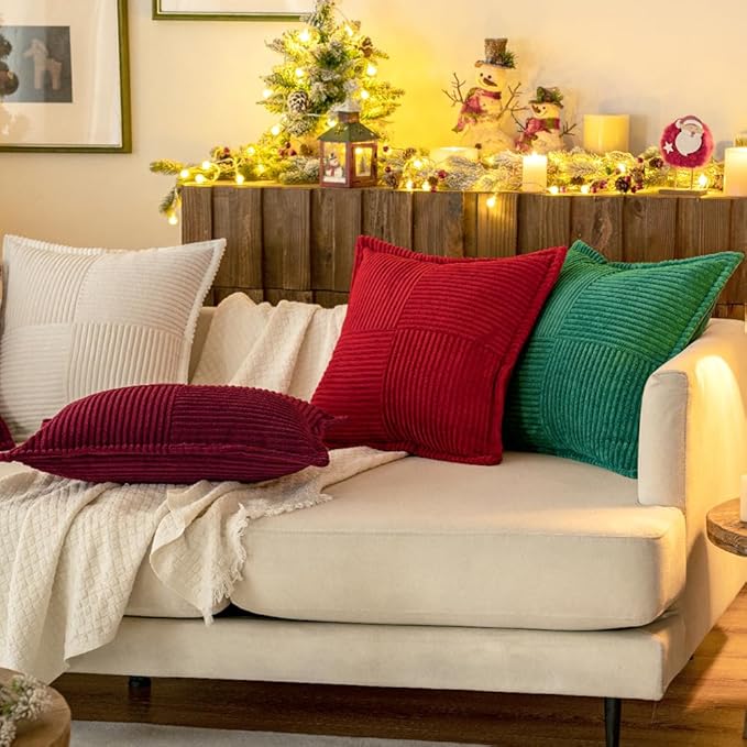 MIULEE Christmas Decorative Throw Pillow Covers for Couch Bed Livingroom 12x12 Inch Set of 2 Burgundy Boho Accent Throw Pllows Broadside Striped Patchwork Soft Corduroy Pillowcases